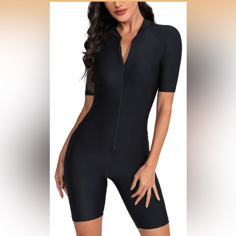 Women’s Black Short-Sleeve Zip One-Piece Swim Romper
